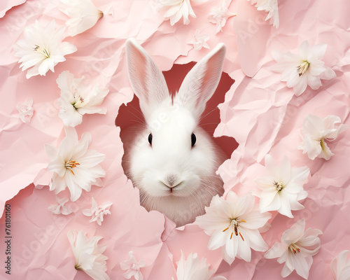 White rabbit peeking through pink paper with white flowers. Creative Easter and springtime concept