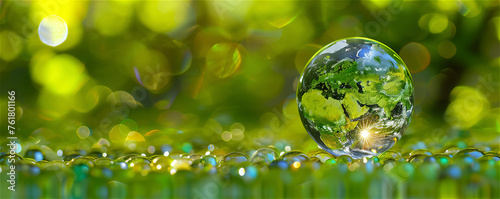 Glass globe on a green blur background, made with AI