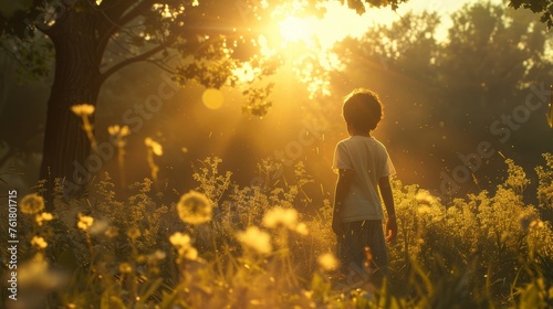 person kid walking in the grass and flowers in the sunset golden hour