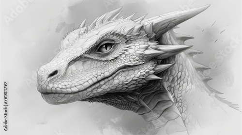  a black and white drawing of a dragon's head with spikes on it's head and horns on it's head.