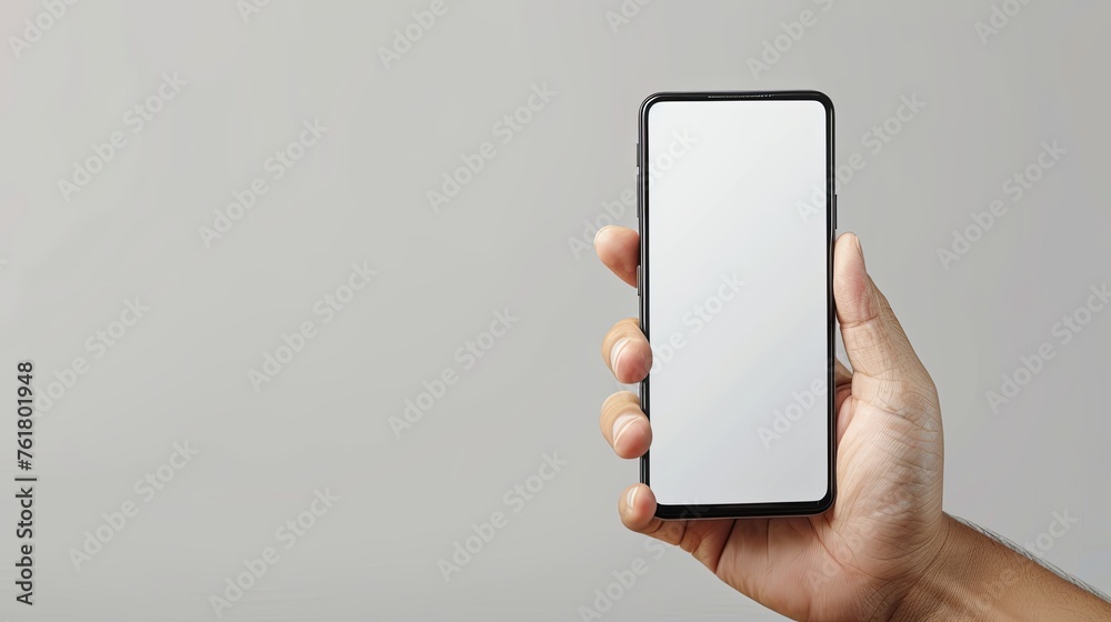Hand holding cell phone with blank white screen. Layout of a smartphone. Illustration for cover, card, postcard, interior design, banner, poster, brochure or presentation.