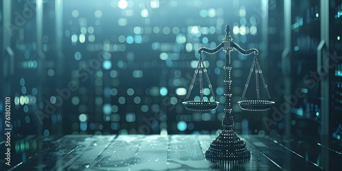 Digital law concept with scales in data center conveying cyber justice. Concept Digital Law, Scales of Justice, Data Center, Cyber Justice, Legal Technology