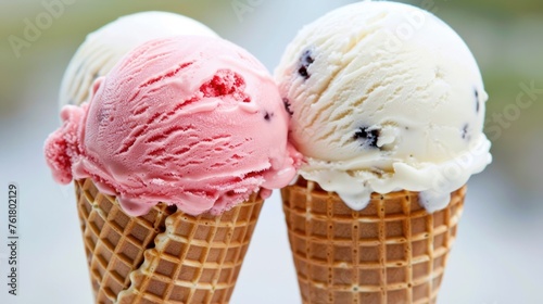 two scoops of ice cream sitting next to each other on top of each other in an ice cream cone.