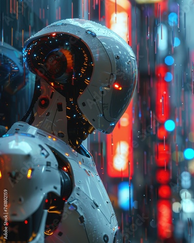Advanced robot in neon-lit rain - A close-up of a high-tech robot as rain trickles down, reflecting vibrant neon lights from the surrounding