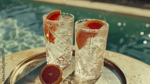 a couple of glasses sitting on top of a metal tray next to a swimming pool with a slice of grapefruit in it. photo