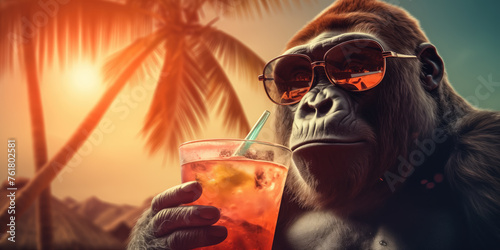 A gorilla in sunglasses and glasses with a cocktail on a tropical beach	