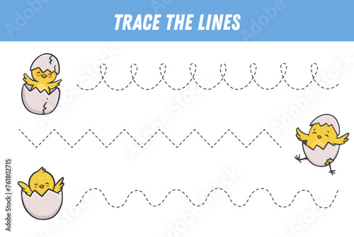 Tracing lines for kids. Cute chicken. Cartoon chick. Handwriting practice. Educational easter game for preschool kids. Activity page. Vector illustration. 
