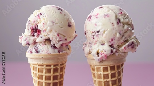 two scoops of ice cream sitting on top of a pink table top next to each other on top of ice cream cones. photo