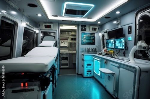 Sterile Modern ambulance inside transport. Medicine help vehicle safety interior. Generate Ai photo