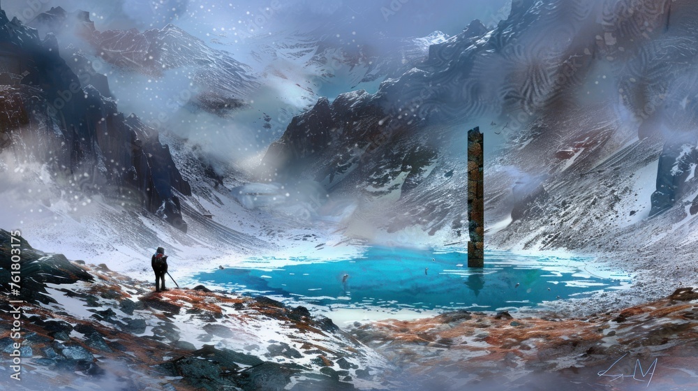 a painting of a man standing on top of a snow covered mountain next to a large blue pool of water.