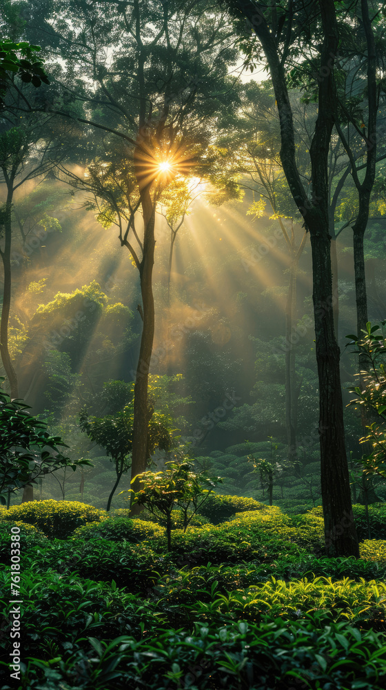 Obraz premium Sunbeams streaming through forest trees at dawn - Enchanting sunbeams stream through the trees of a dense forest, highlighting the serene beauty and quiet morning atmosphere