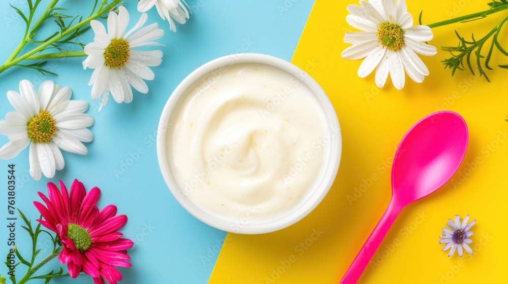 a bowl of yogurt surrounded by daisies and daisies on a blue, yellow, and pink background.