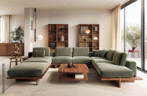 Design de interiores  moderna sala de estar  casa. Sof   de canto verde e estante madeira  minimalista
