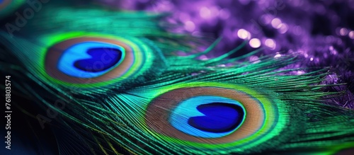 A detailed closeup of a peacock feather showcasing intricate patterns, vibrant electric blue hues, purple iris resembling eyes, and delicate violet eyelashes, resembling a work of art