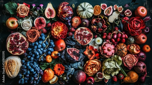 a close up of a bunch of fruit on a table with flowers and fruit on the side of the table. photo