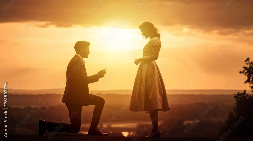 Marriage proposal. Male offers ring to female at sunset