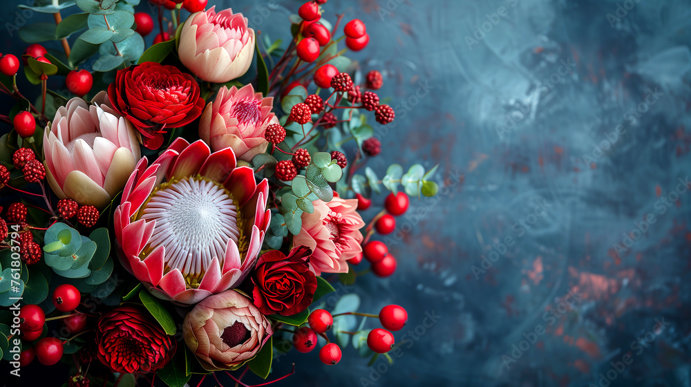 Bouquet of protea flowers and berries on a dark background
