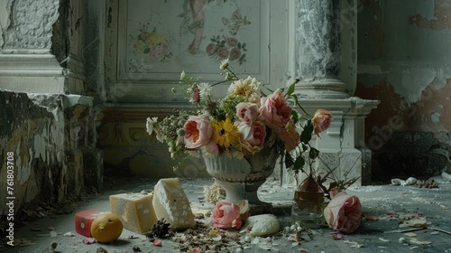 a vase filled with lots of flowers sitting on top of a floor next to a pile of blocks of cheese. photo