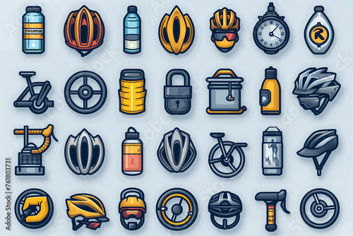Set of web icons of bicycle atributes isolated on blue background photo