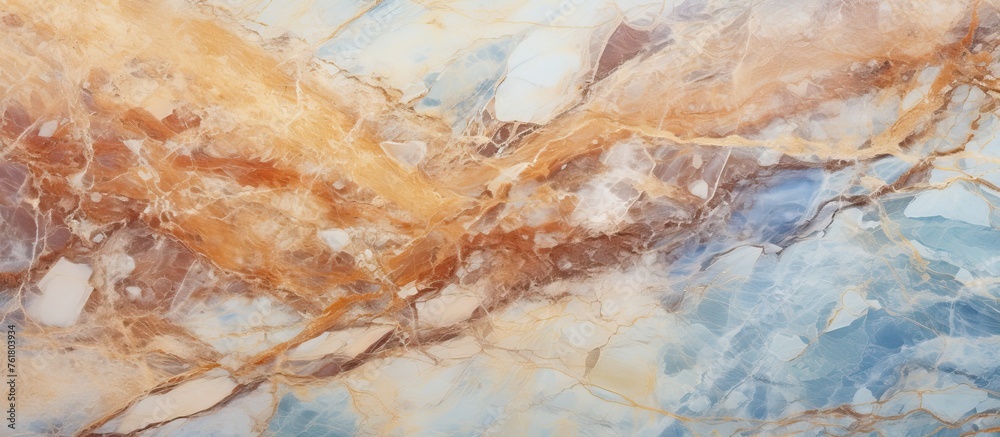 Fototapeta premium Closeup of a marble texture resembling a painted landscape with water, trees, rocks, and grass. The pattern resembles an artistic soil painting in visual arts