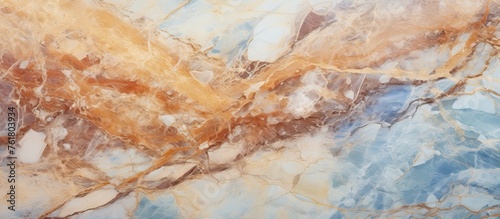 Closeup of a marble texture resembling a painted landscape with water, trees, rocks, and grass. The pattern resembles an artistic soil painting in visual arts
