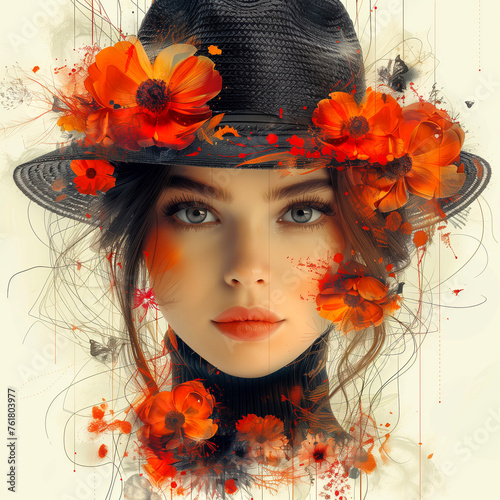 Beautiful young woman in hat with poppies. Photo in old color image style. © Виктория Дутко