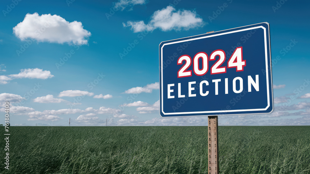 American elections concept. 2024 election sign over green field with blue sky with copy space - obrazy, fototapety, plakaty 