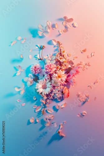 Dynamic composition of vivid flowers evoking an explosion or burst, set against a complementary pastel background