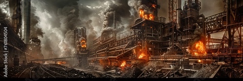Industrial panorama with fiery furnaces belching smoke - A panoramic view of an industrial landscape with blazing furnaces and billowing smoke, depicting the power and impact of industry