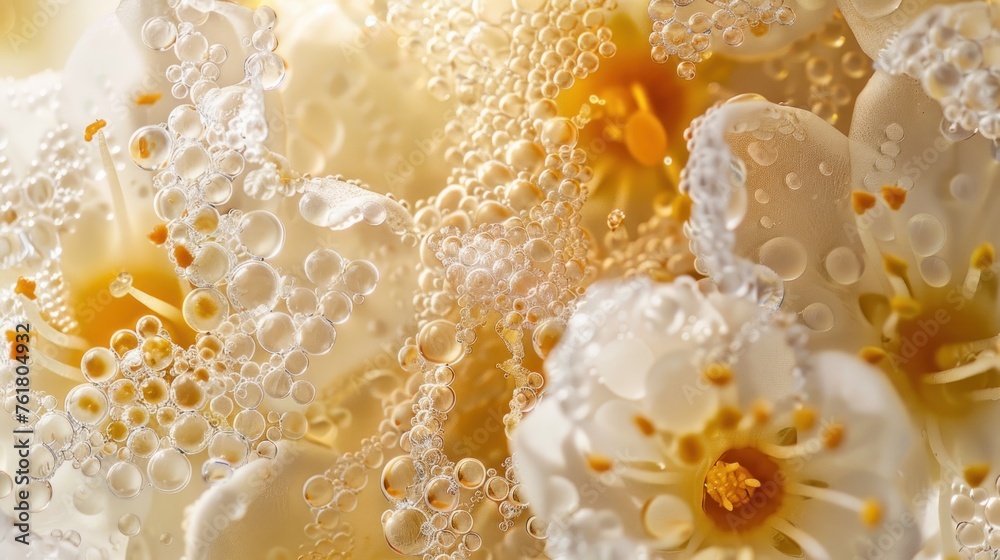a close up of a bunch of flowers with drops of water on the petals and the petals on the petals. a close up of a bunch of flowers with drops of water on the petals and the petals on the petals.