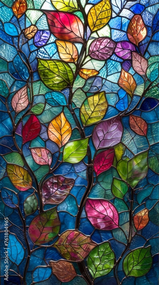 A vibrant collection of autumn leaves depicted in a stained glass art style, with a mosaic of rich, warm colors. A vibrant collection of autumn leaves depicted in a stained glass art style, with a mosaic of rich, warm colors.