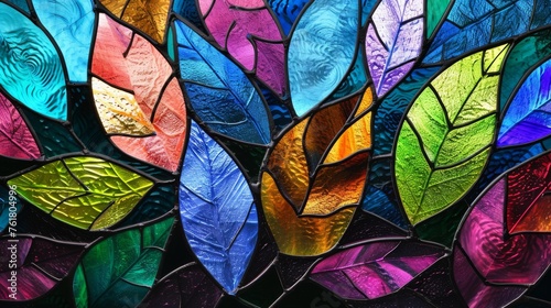 A vibrant collection of autumn leaves depicted in a stained glass art style  with a mosaic of rich  warm colors.