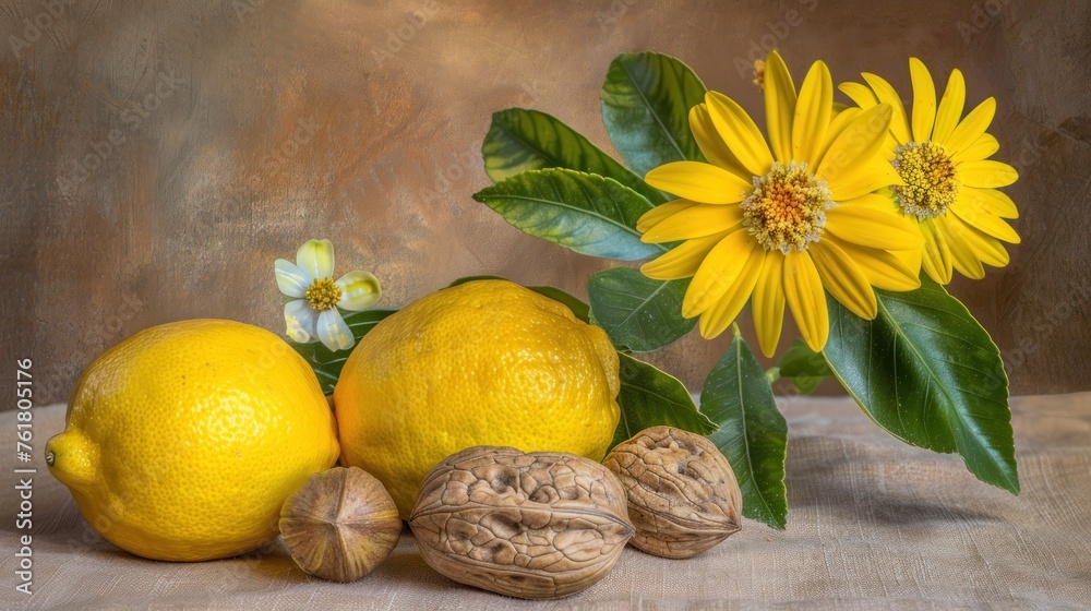 a painting of lemons, walnuts, and a sunflower on a cloth with leaves and flowers in the background.