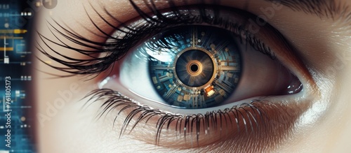A closeup of a womans electric blue iris with a clock reflecting in it, surrounded by long eyelashes in shades of black, blue, and violet