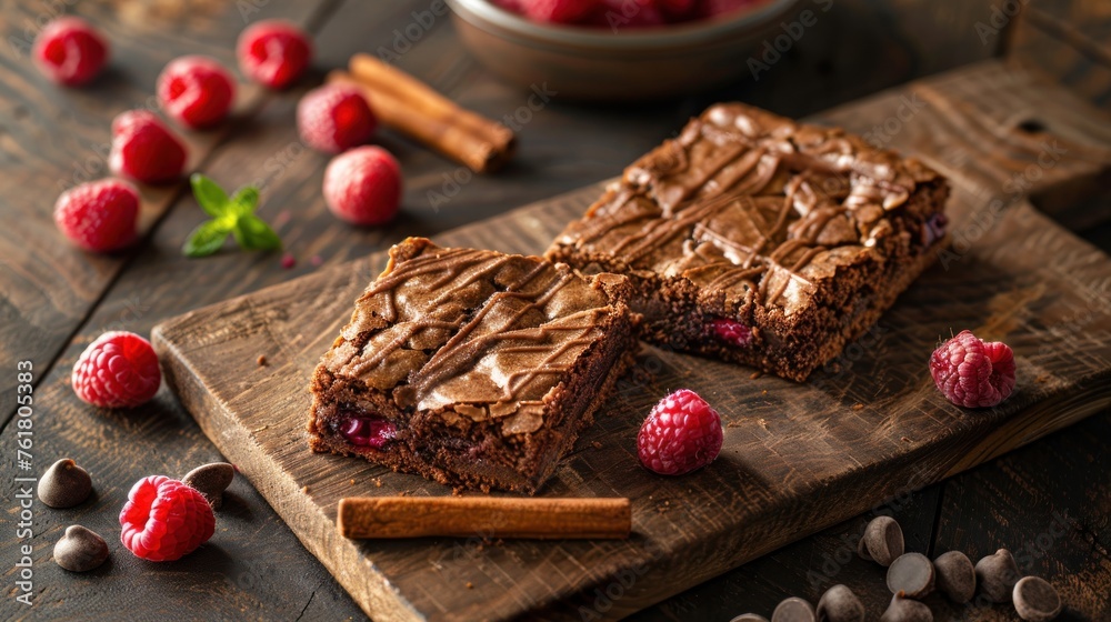 a couple of brownies sitting on top of a wooden cutting board next to raspberries and chocolate chips. a couple of brownies sitting on top of a wooden cutting board next to raspberries and chocolate chips.