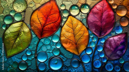 A vibrant collection of autumn leaves depicted in a stained glass art style, with a mosaic of rich, warm colors. photo