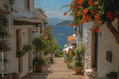 Idyllic Mediterranean Alleyway: A Path Lined with Flowers and Sea Views