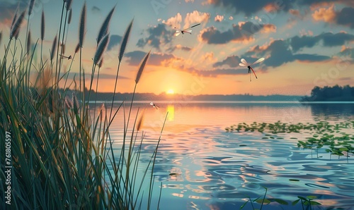 lakeside dense reeds, dragonflies dance over the water in the summer sunset photo