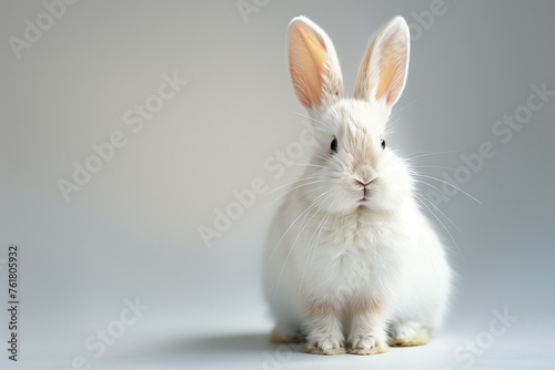 white rabbit with erect ears sits on a soft gray background. photo