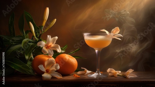 a painting of a glass of orange juice with flowers and oranges on a table with smoke coming out of it. photo