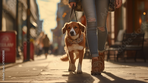 Woman walks carnivore on city street with dog breed companion on leash