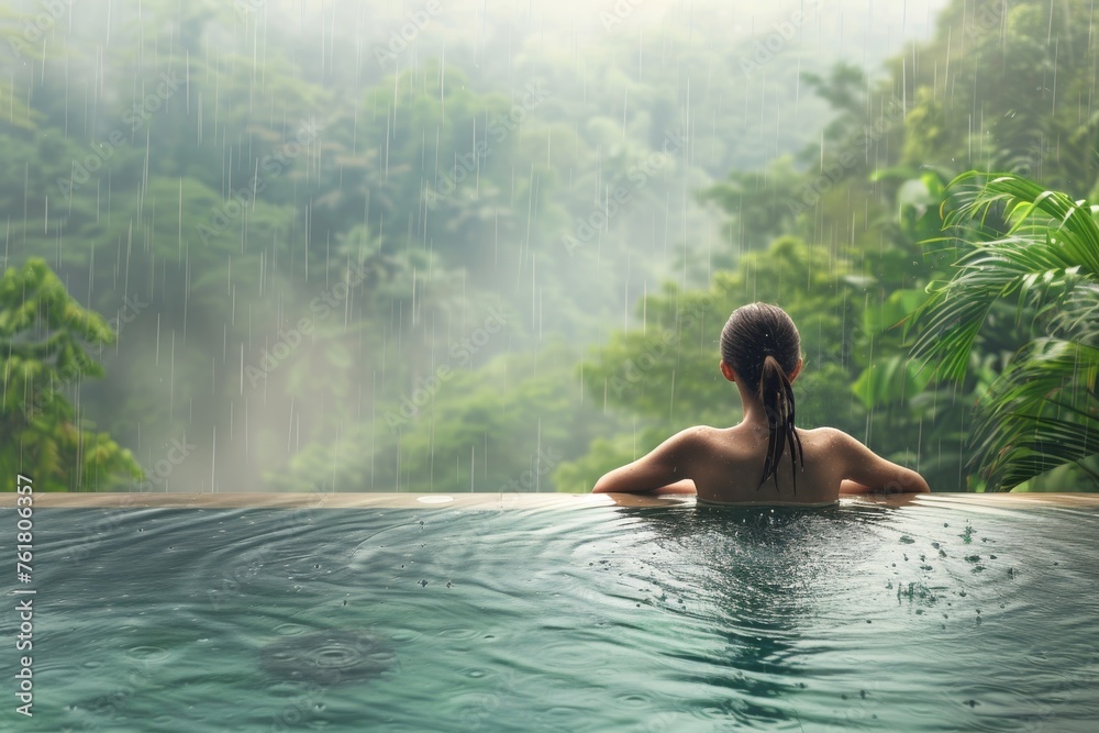 Happy Woman in Infinity Pool, Enjoying Warm Tropical Rain, Swimming Pool with a Jungle View Happy Woman in Infinity Pool, Enjoying Warm Tropical Rain, Swimming Pool with a Jungle View
