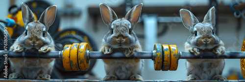 Cool Easter bunny doing a workout in the gym, Cute little bunny rabbit wearing workout clothes exercising gym