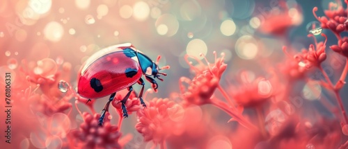 a ladybug sitting on top of a pink flower with drops of water on it's back legs.