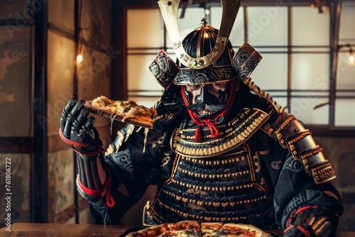 Traditional Japanese Warrior Eating Pizza, Japanese Traditional Style