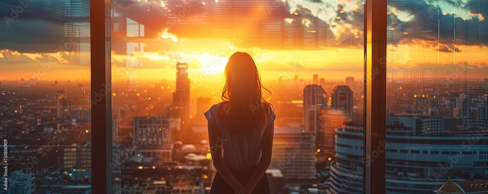 Woman contemplating cityscape through a window at sunset - obrazy, fototapety, plakaty 