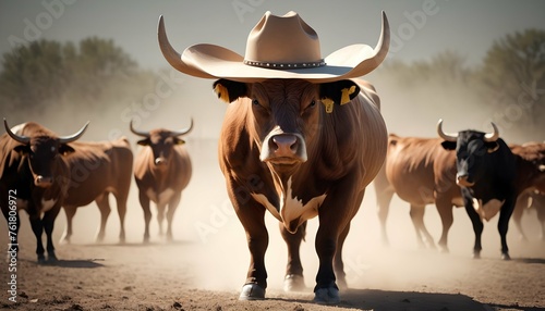 A Bull With A Cowboy Hat On Its Head