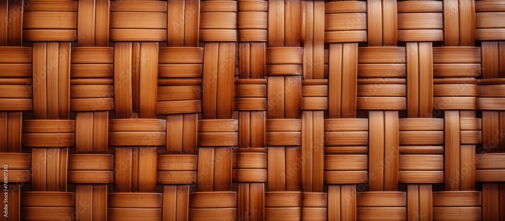 A detailed closeup of a brown wicker weave texture, resembling hardwood flooring with a varnish finish. The intricate pattern creates a beautiful rectangle design A detailed closeup of a brown wicker weave texture, resembling hardwood flooring with a varnish finish. The intricate pattern creates a beautiful rectangle design