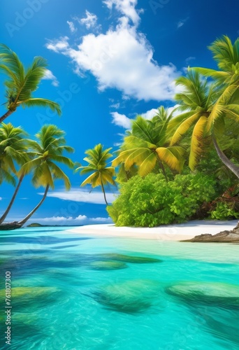 illustration  tropical paradise island getaway palm white sand clear blue water relaxation vacation  trees  exotic  retreat  holiday  ocean  sea  sunny  sun
