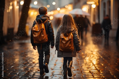 Back view of a boy and a girl with backpacks walking on the street in the rain